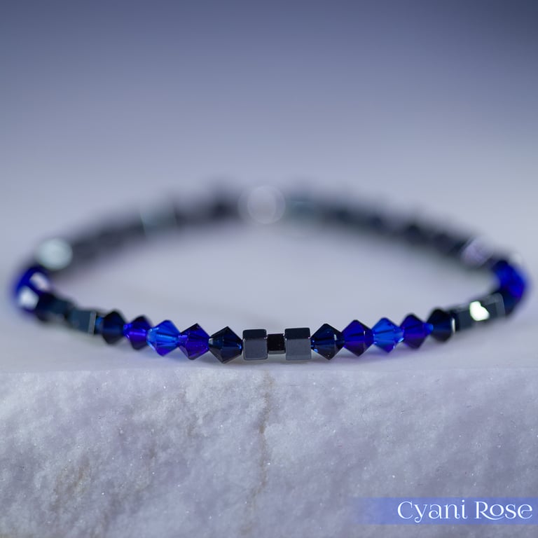 Swarovski and Hematite stretch beaded bracelet blue black