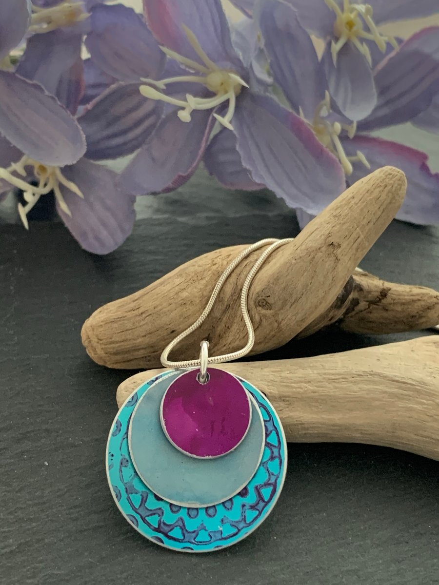 Hand dyed aluminium pendant, turquoise and dark pink mandala design 