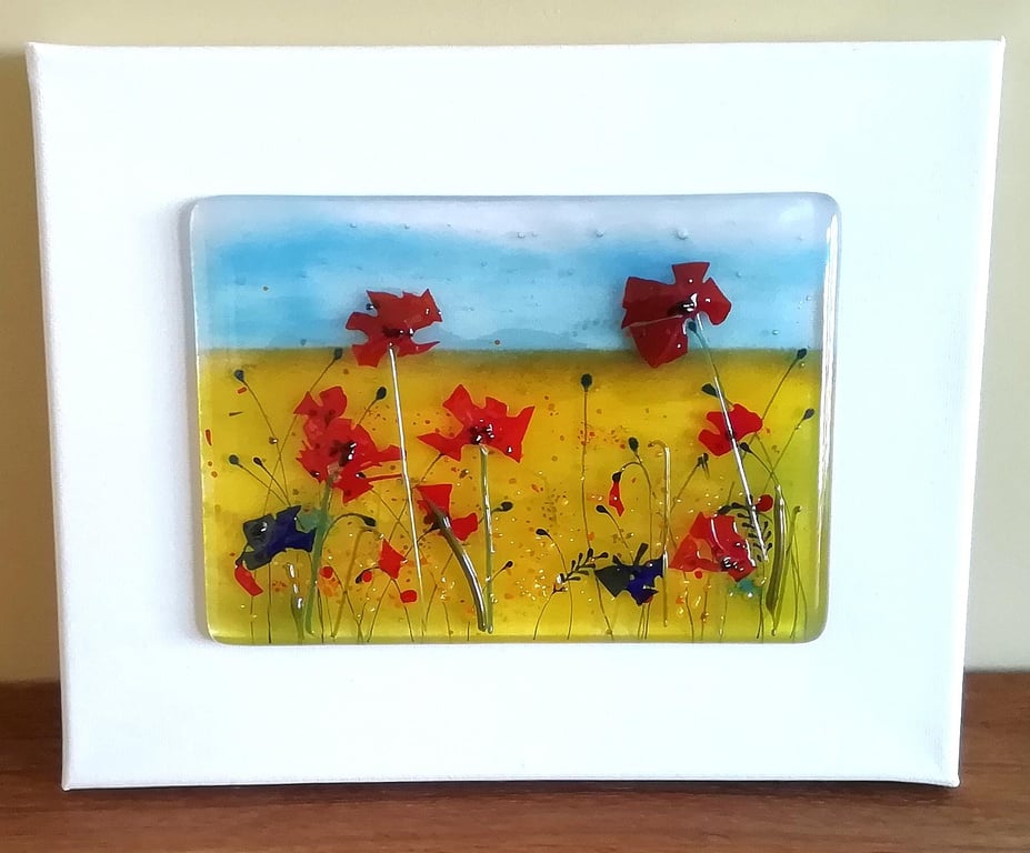 Fused Glass Poppy Meadow Art: Countryside Canvas Wall Hanging
