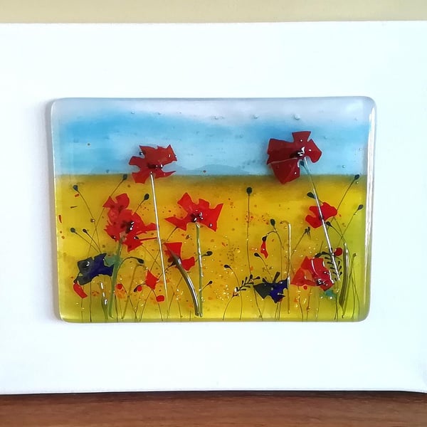 Fused Glass Poppy Meadow Art: Countryside Canvas Wall Hanging
