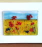Fused Glass Poppy Meadow Art: Countryside Canvas Wall Hanging
