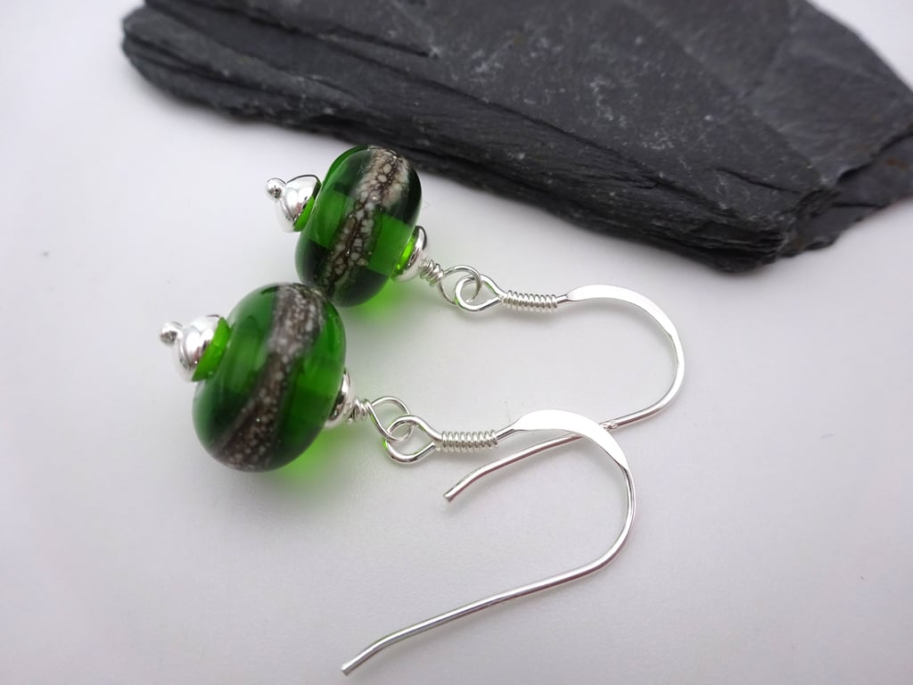 green lampwork glass earrings