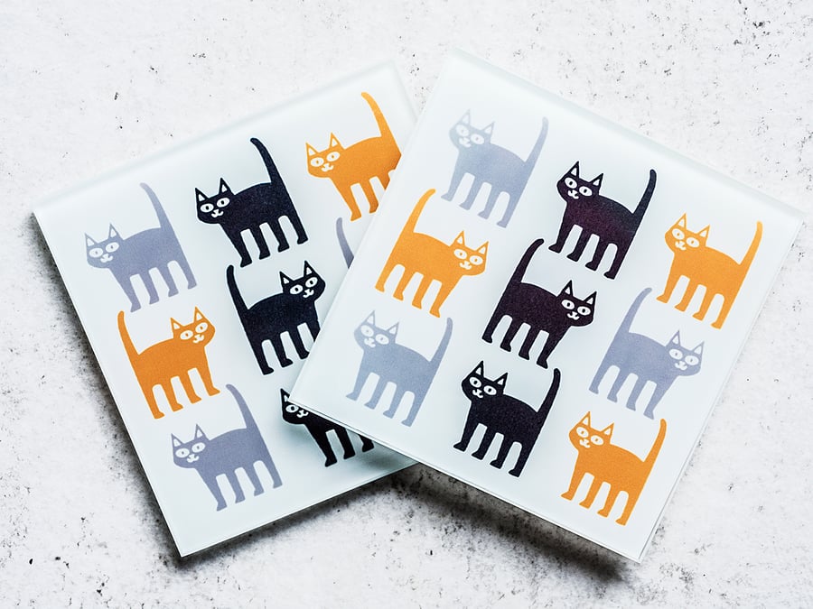 glass cat  coasters matching china coffee or espresso mug cup gift for cat lover