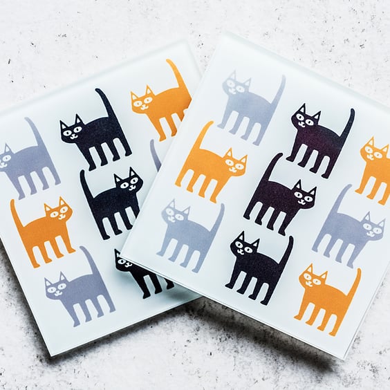 glass cat  coasters matching china coffee or espresso mug cup gift for cat lover