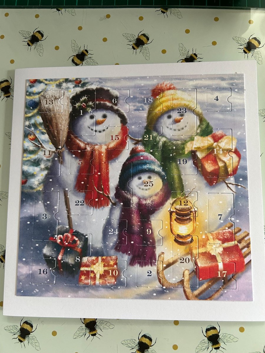 Snow family snowman Advent Calendar Card Handmade 7 inch square card, traditiona