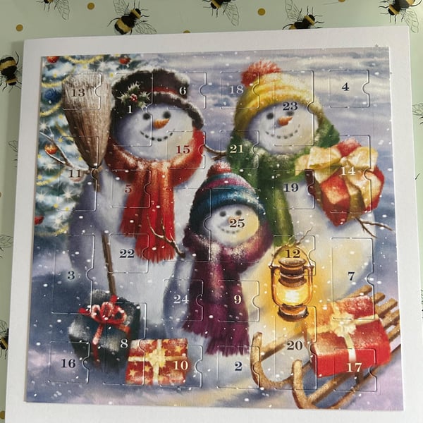 Snow family snowman Advent Calendar Card Handmade 7 inch square card, traditiona