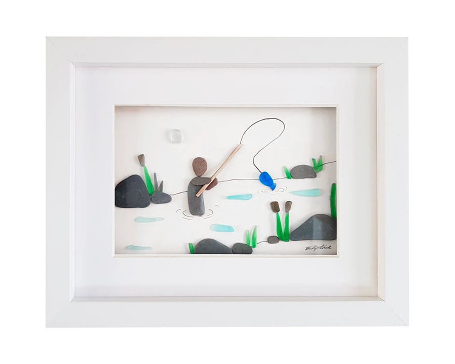 Fly Fishing - Sea Glass and Pebble Picture - Framed Unique Handmade Art