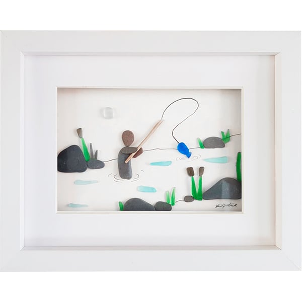 Fly Fishing - Sea Glass and Pebble Picture - Framed Unique Handmade Art