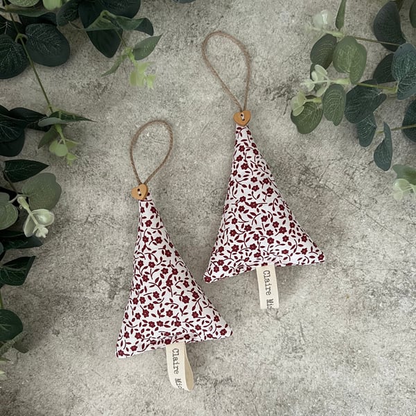 Pair of Fabric Tree Hanging Decorations in Berry Red & White Floral Design