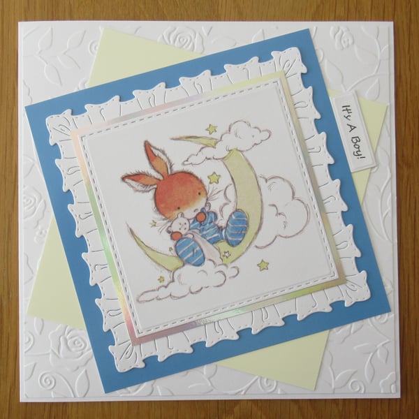 7x7" Baby Bunny Sitting on the Crescent Moon - New Baby Boy Card