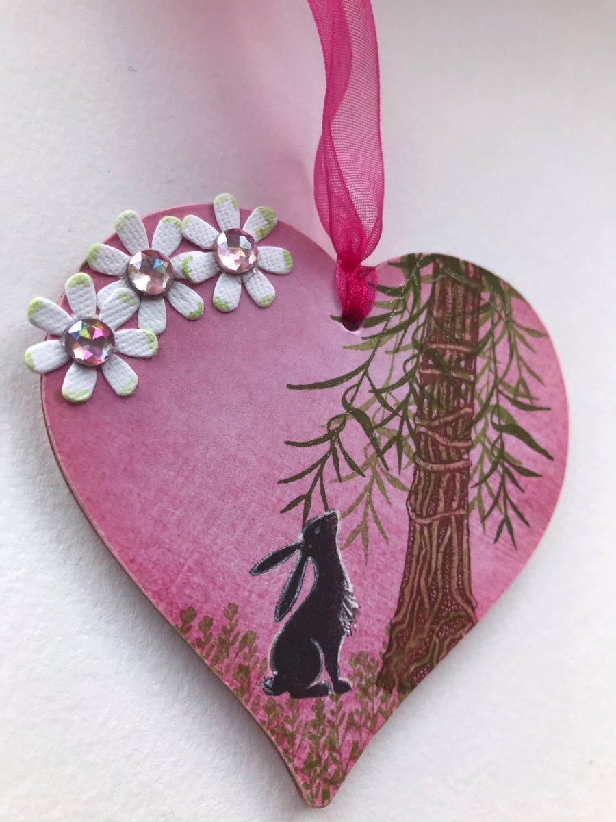 Wooden Hanging Heart with Hare and Forest Tree