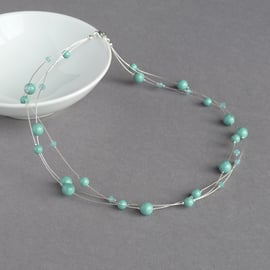 Aqua Floating Pearl Necklace - Turquoise Multi-strand Bridesmaid Jewellery