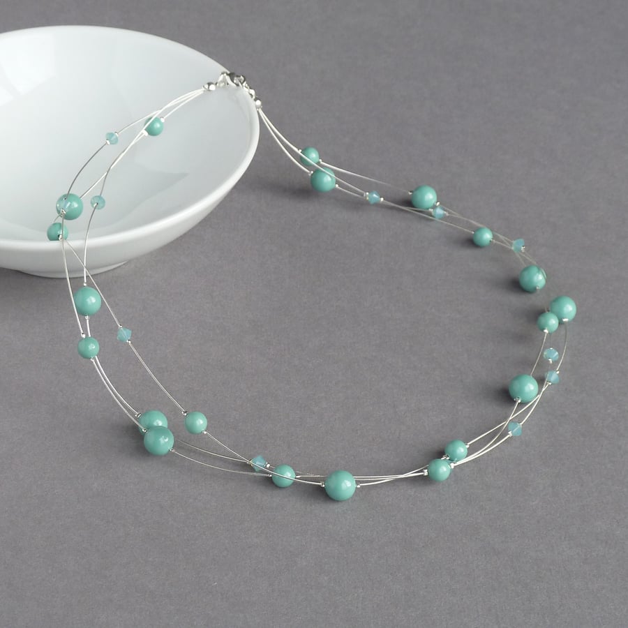 Aqua Floating Pearl Necklace - Turquoise Multi-strand Bridesmaid Jewellery