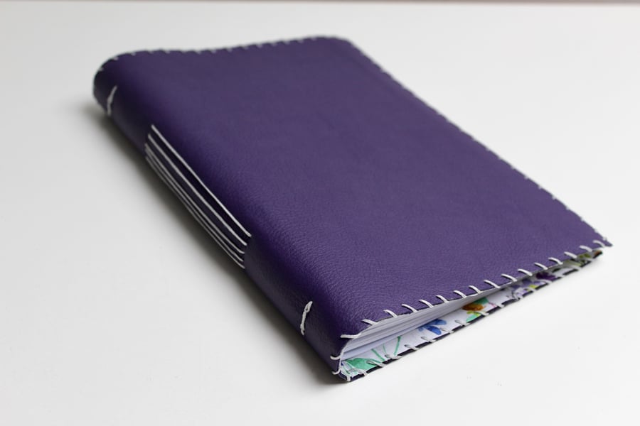 A5 Purple Leather handmade notebook floral fabric lining  plain paper 