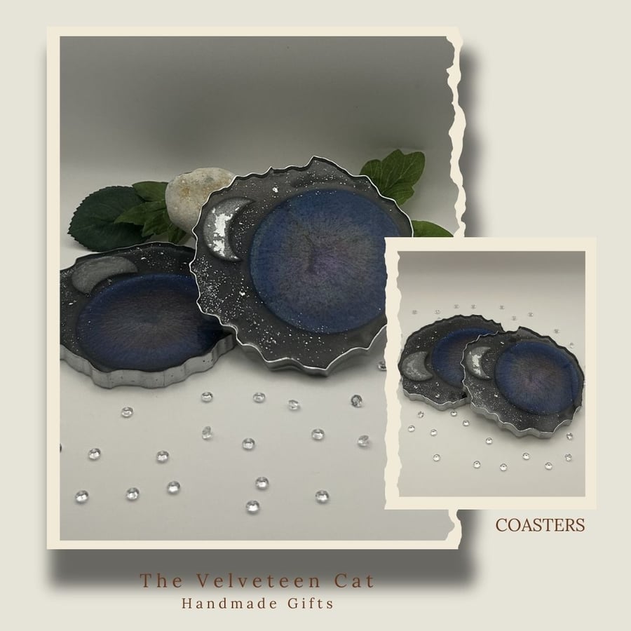 Handmade Heavy Resin Geode Style Coasters - Moon and Planet Galaxy - Set of Two