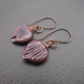 glass leaf earrings, copper jewellery 