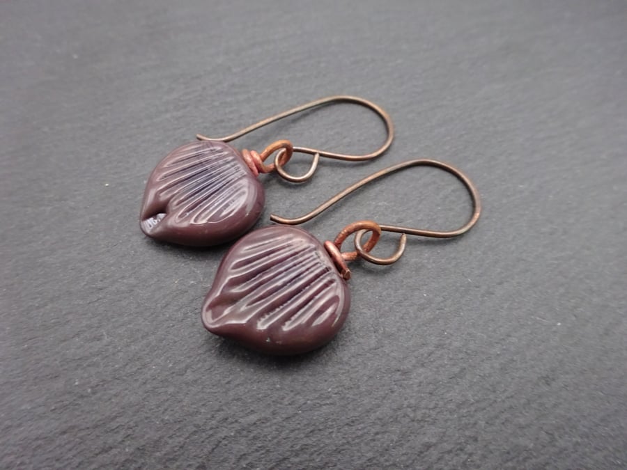 glass leaf earrings, copper jewellery 
