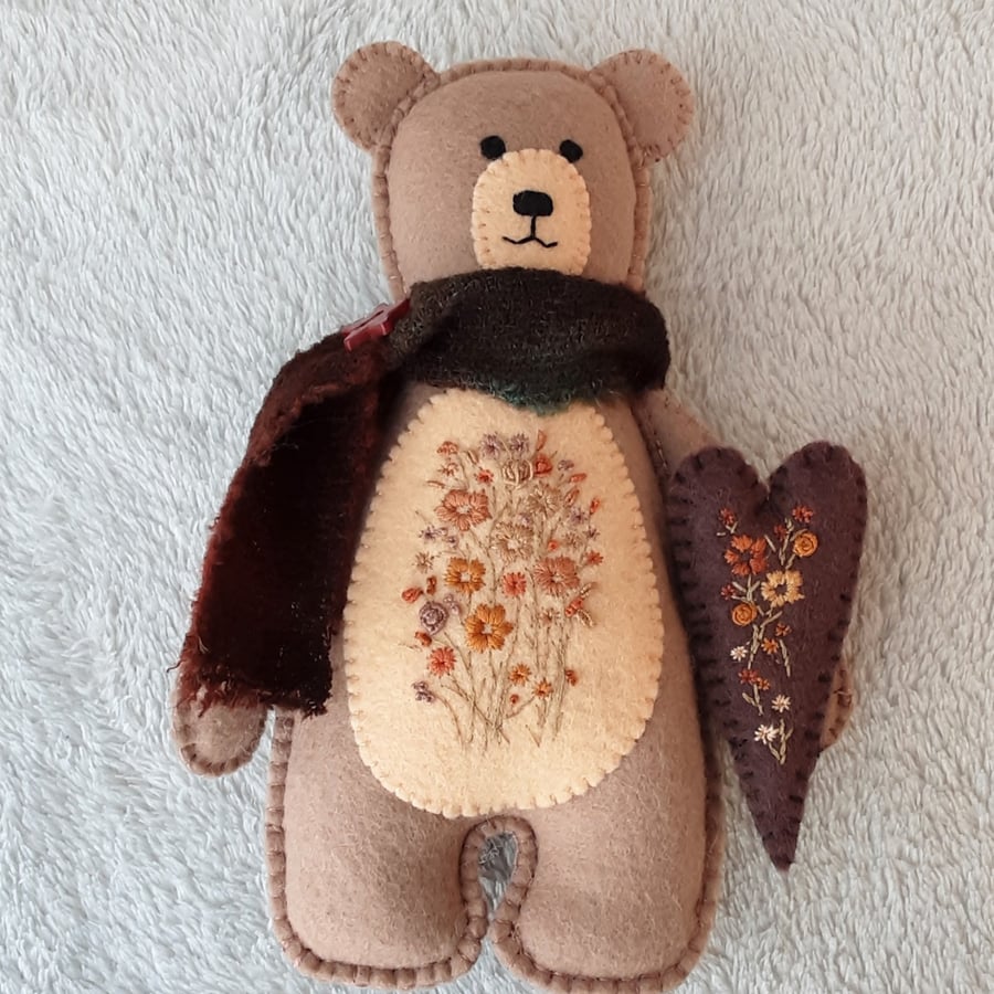 Hand sewn embroidery bear & heart, animal doll, keepsake bithday gift
