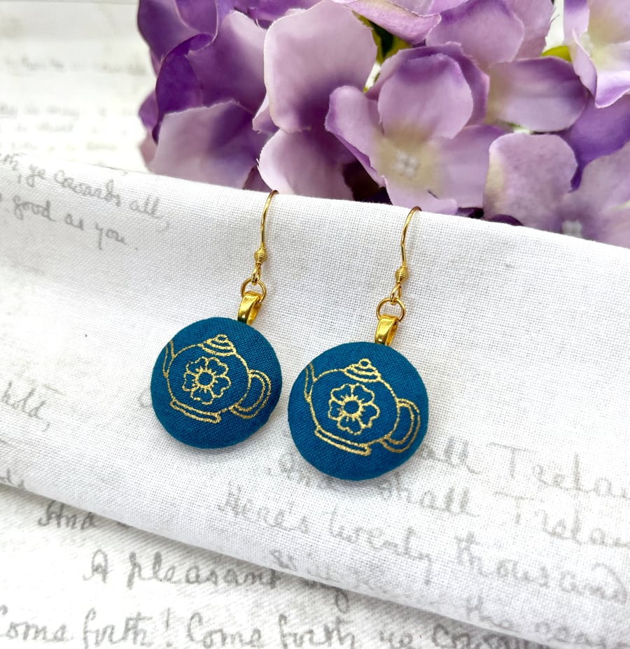 Japanese style teapot fabric button dangle earrings gifts for tea drinkers