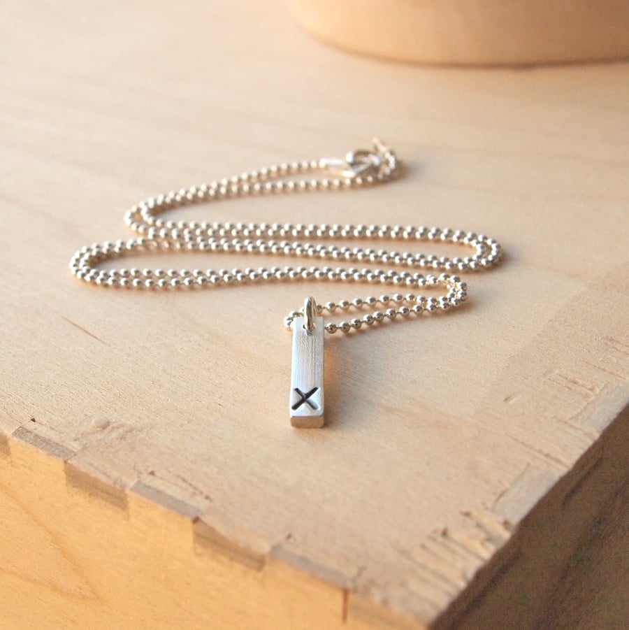 Silver Bar Pendant, marked with a kiss, X marks the spot necklace