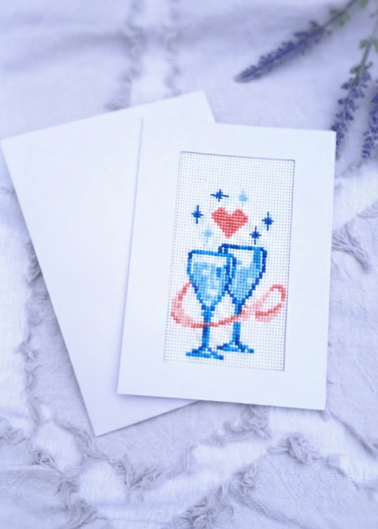 Blue Glasses Cross Stitch Wedding Card Hand Stitched Heart