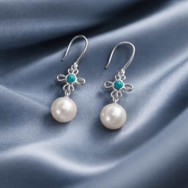 Sterling Silver Turquoise Pearl Drop Earrings Filigree Flower, Freshwater Pearl,