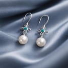 Sterling Silver Turquoise Pearl Drop Earrings Filigree Flower, Freshwater Pearl,