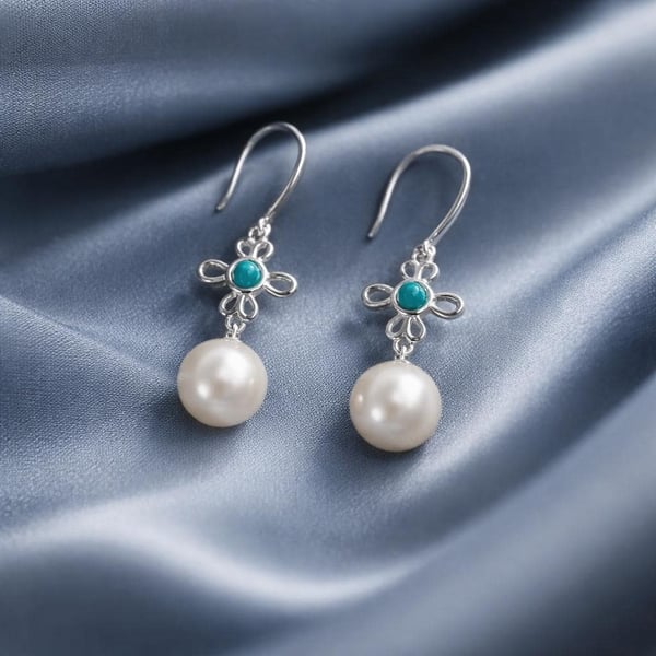 Sterling Silver Turquoise Pearl Drop Earrings Filigree Flower, Freshwater Pearl,