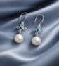 Sterling Silver Turquoise Pearl Drop Earrings Filigree Flower, Freshwater Pearl,