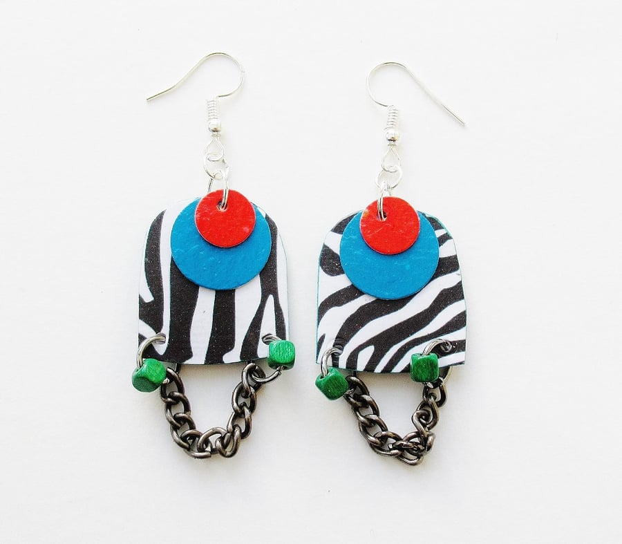 Zebra Stripe Earrings Black White Red Blue Striped Paper Colourful Fun Jewellery