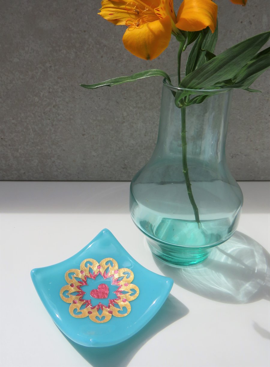 Glass Mandala Trinket Dish, Duck Egg Blue