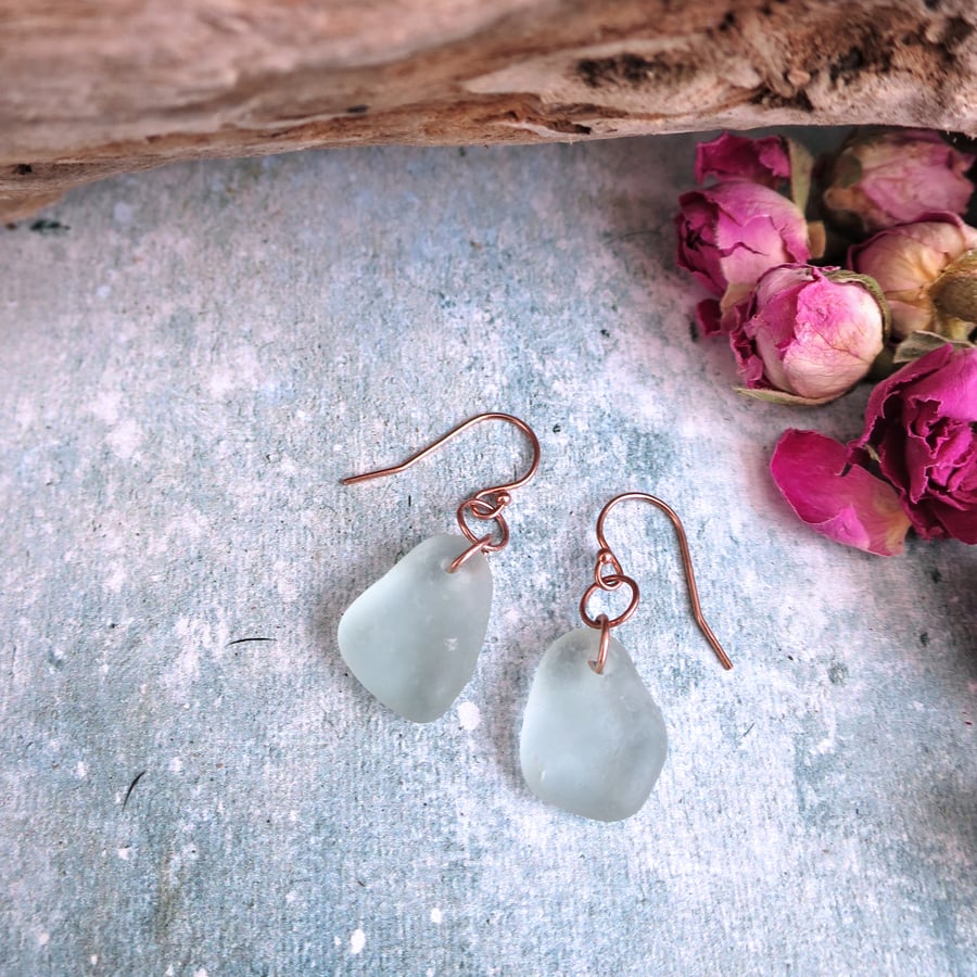 Seafoam Sea Glass and Rose Gold Earrings, Handmade Coastal Jewellery 