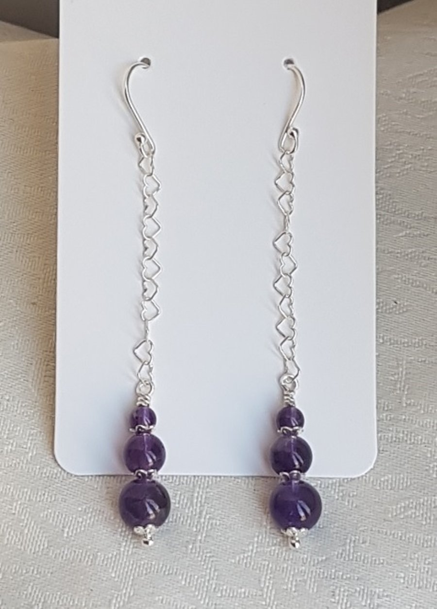 Gorgeous Amethyst beads and Heart Chain Dangly Earrings.