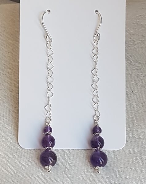 Gorgeous Amethyst beads and Heart Chain Dangly Earrings.