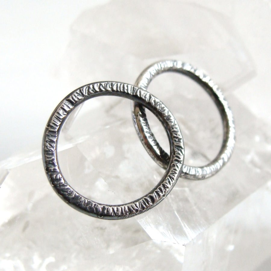 Sterling Silver Woodland Texture Circle Studs, Hammered Silver Loop Earrings