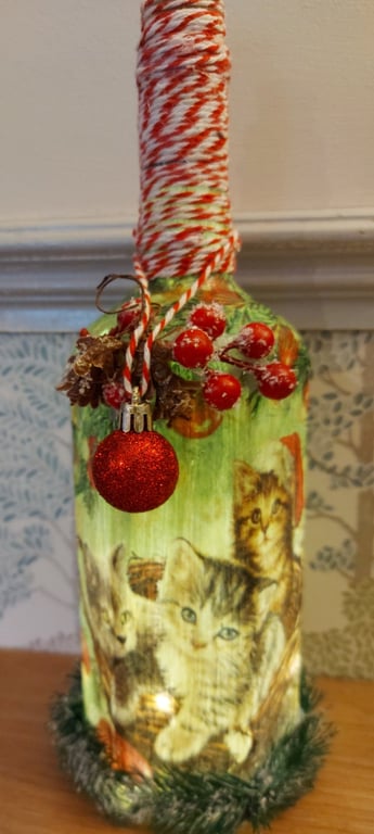 Hand Painted and Decoupaged Light up Christmas Kittens Bottle