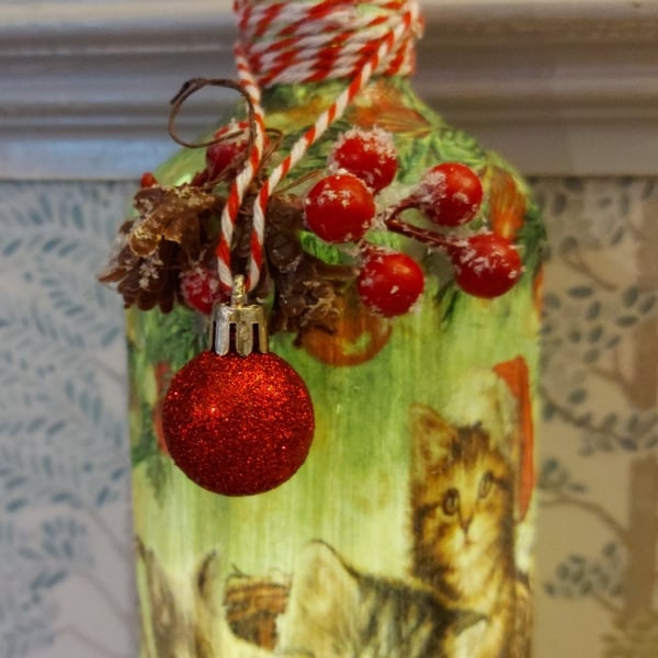 Hand Painted and Decoupaged Light up Christmas Kittens Bottle