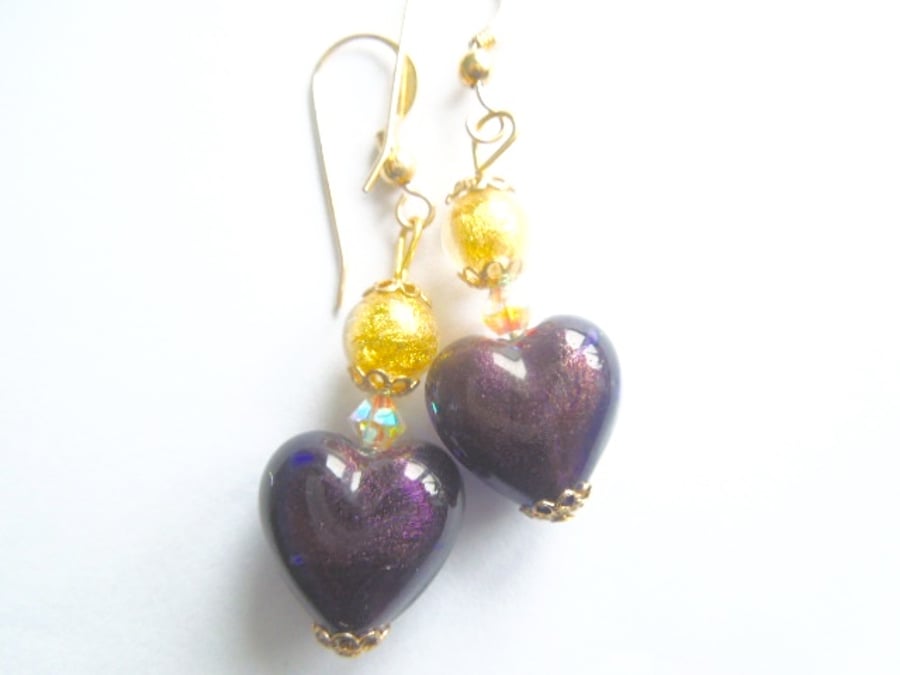 Murano glass purple and gold earrings with Swarovski and gold filled wires.