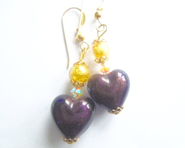 Murano glass purple and gold earrings with Swarovski and gold filled wires.