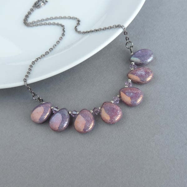 Lilac Teardrop Fan Necklace - Purple Chunky Glass Statement Jewellery - Mauve