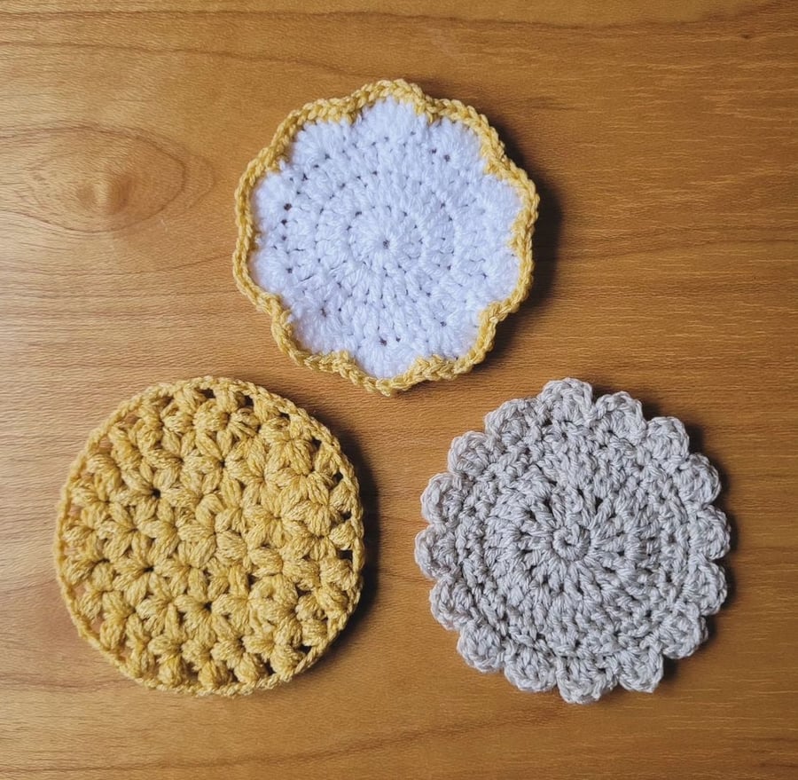 Set of 3 Crochet Coasters, Yellow Flowers