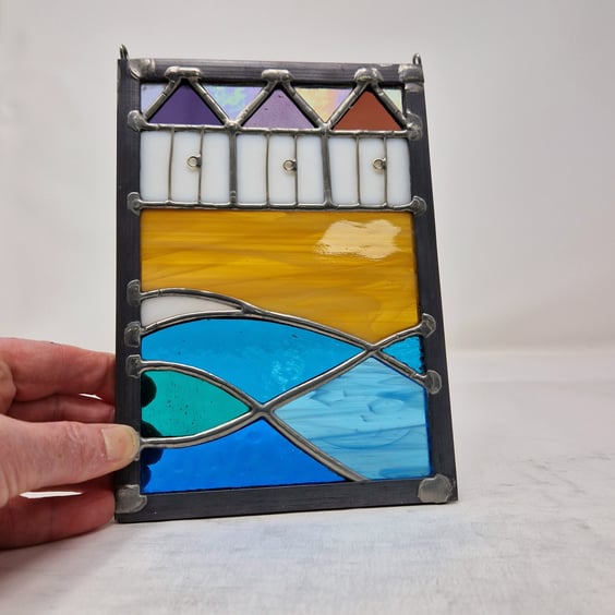 Three beach huts stained glass seaside copperfoil and lead panel.