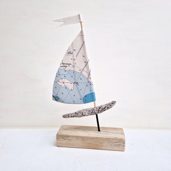 Isle of Wight - Cowes little driftwood sailboat, authentic nautical map sail