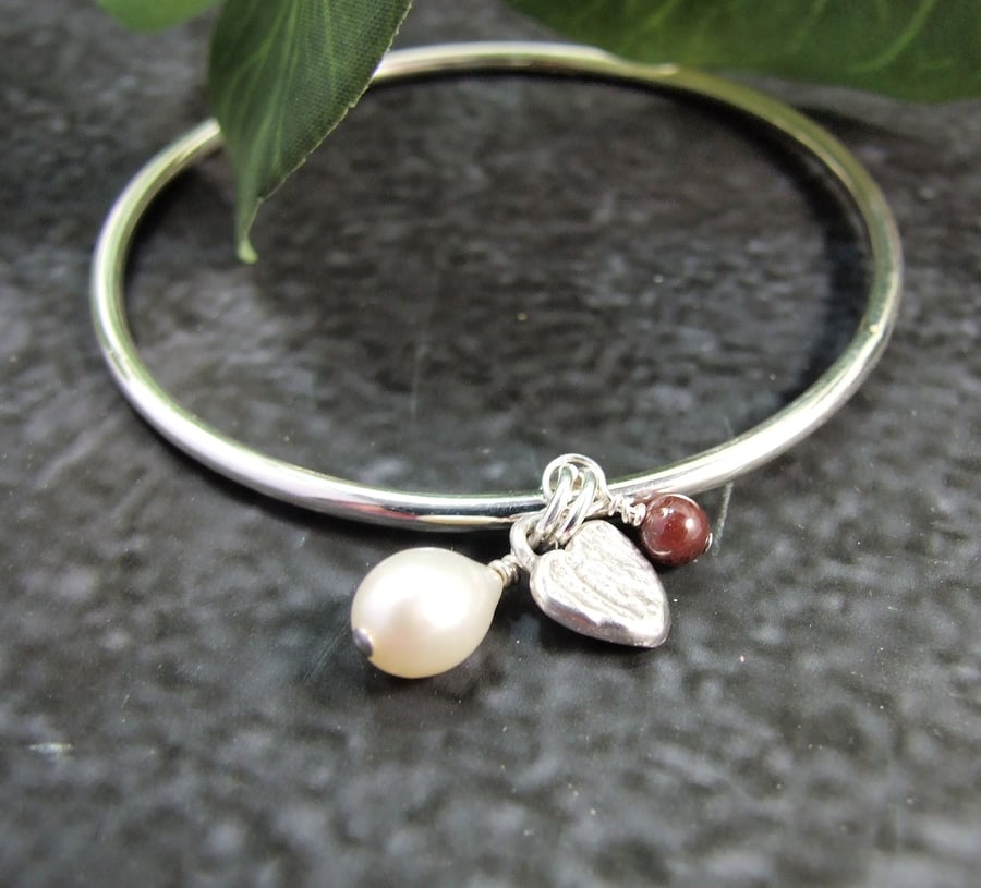 Sterling Silver Bangle with Garnet, Pearl and Heart Charm