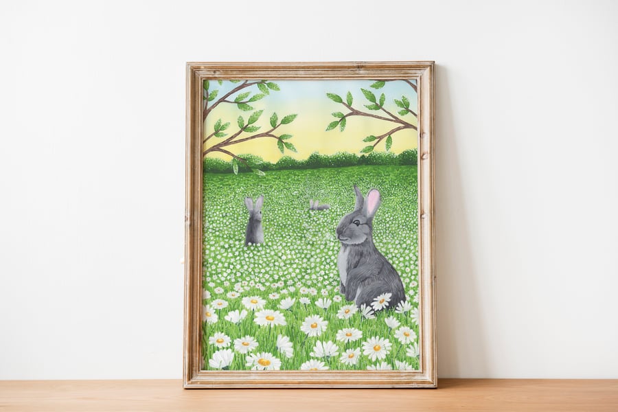 Wild rabbits in a field of daisies spring art print