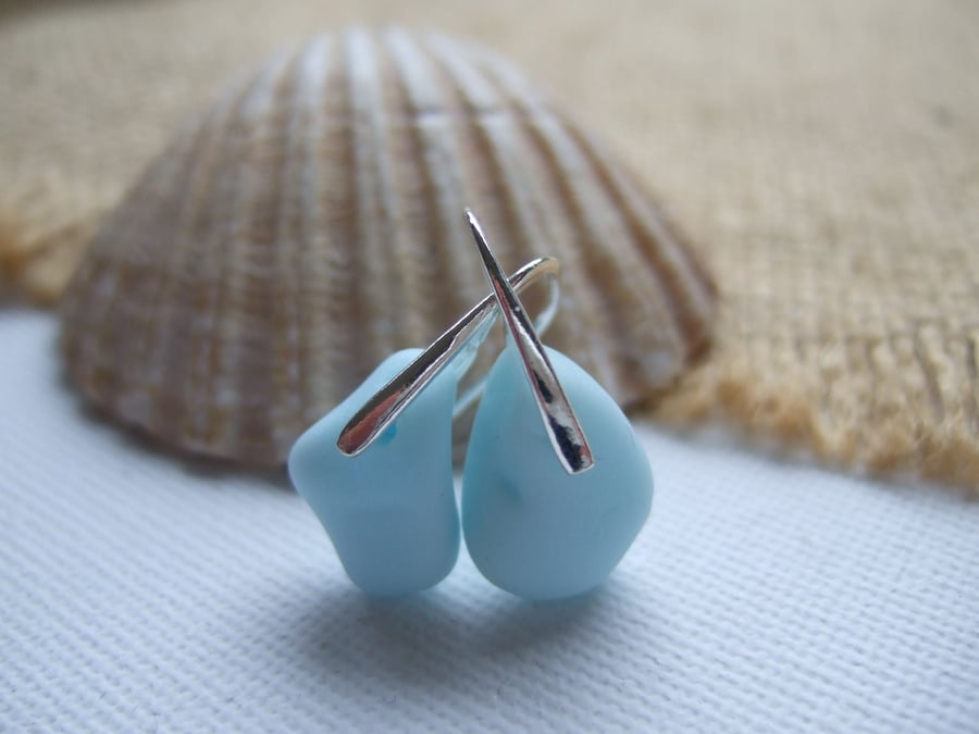 Pastel Blue Seaham sea glass earring, baby blue jadeite sea glass earrings, 1950