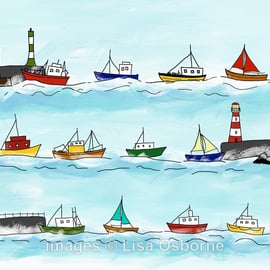 Heading home. Signed print. Boats. Fishing. Sailing. Harbour. Sea