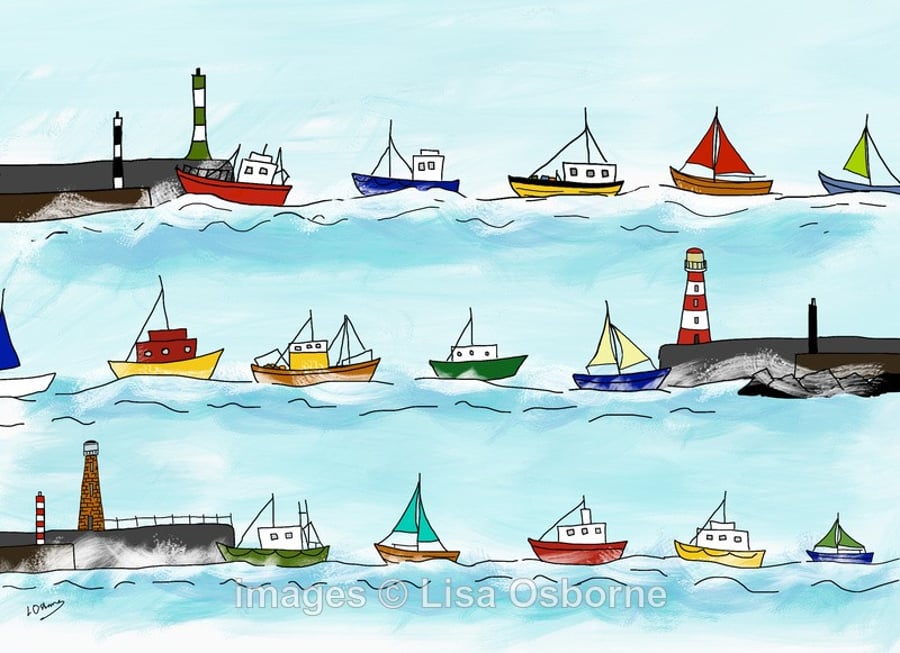 Heading home. Signed print. Boats. Fishing. Sailing. Harbour. Sea