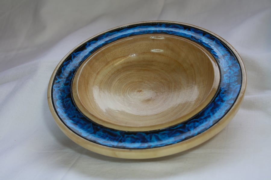 Unique Sycamore Wood Bowl with Blue and Black Irridescent Rim