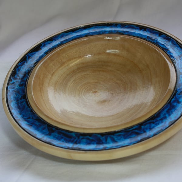 Unique Sycamore Wood Bowl with Blue and Black Irridescent Rim